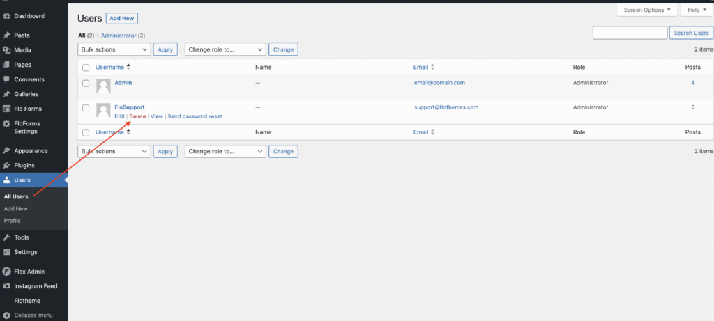 When deleting a suspicious user, always choose to Attribute their content to your legitimate administrator account to prevent accidental deletion of your posts and pages.
