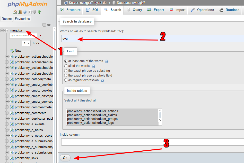 Screenshot showing how to access and select the correct WordPress database within phpMyAdmin through a hosting control panel.