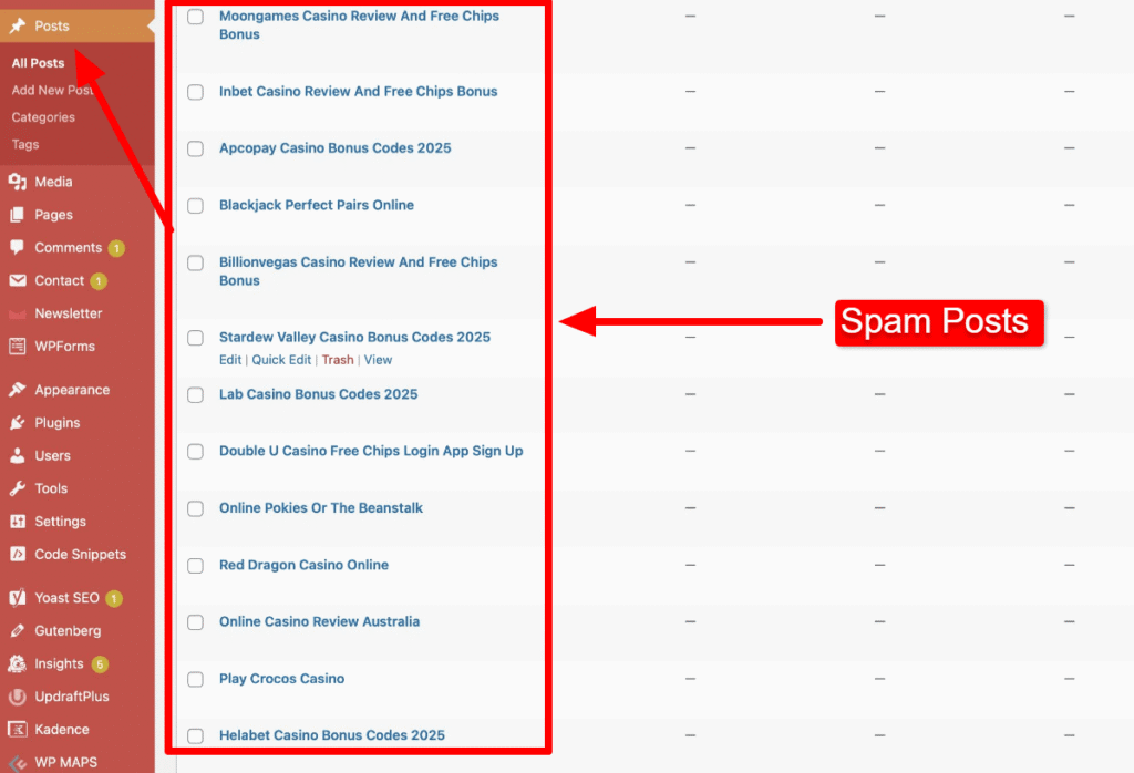 Screenshot of the WordPress Posts list highlighting multiple suspicious spam entries for deletion to complete content cleanup.