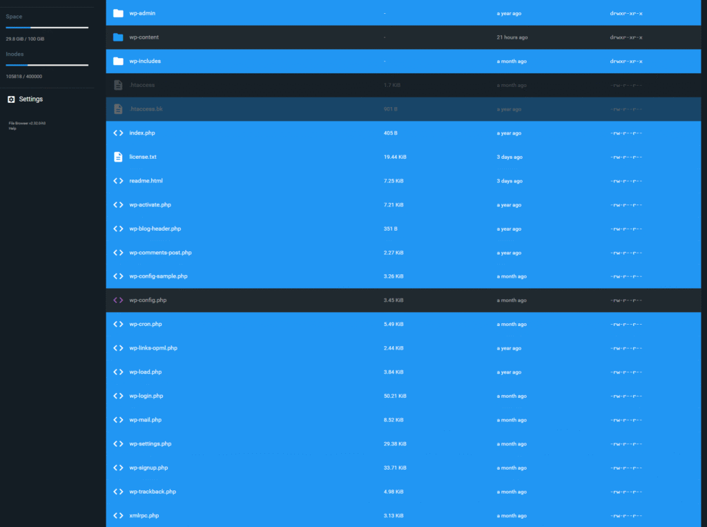 FTP screenshot showing the contents of the WordPress wp-content folder, highlighting common examples of suspicious malware files and folders.