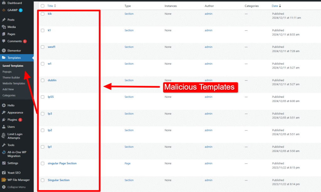 Screenshot of the Elementor Templates section highlighting an unfamiliar template that must be deleted to remove hidden malware scripts.