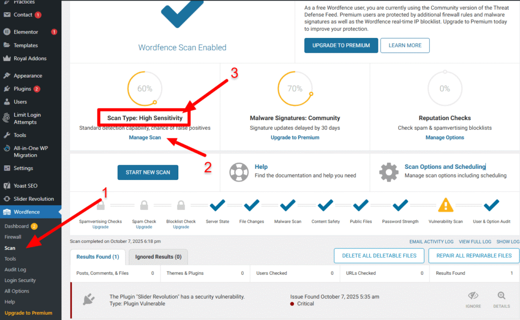 Screenshot of the Wordfence scan settings showing the process to run a comprehensive malware scan to fully fix a hacked WordPress site.