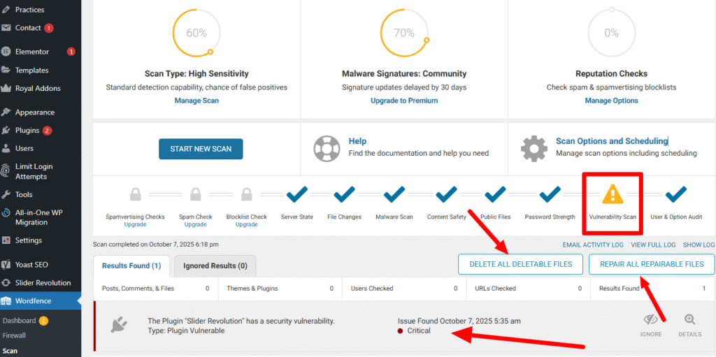 Wordfence scan results screenshot highlighting critical red files and the one-click option to delete and repair files to clean hacked WordPress website.