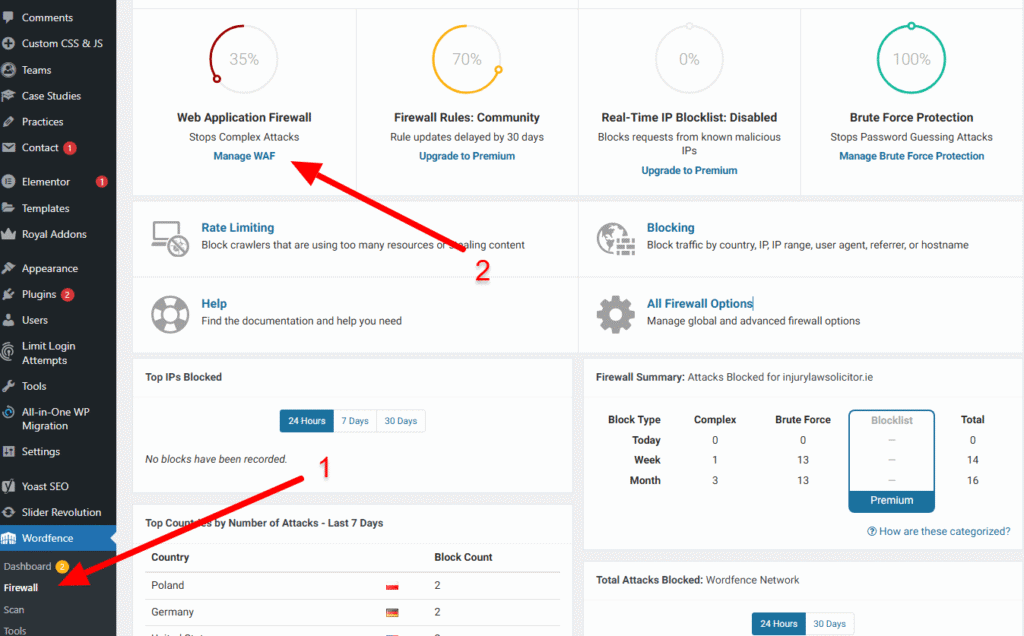 Screenshot showing the Wordfence prompt to optimize the firewall, enabling Extended Protection and downloading the .htaccess backup file to secure the WordPress website.