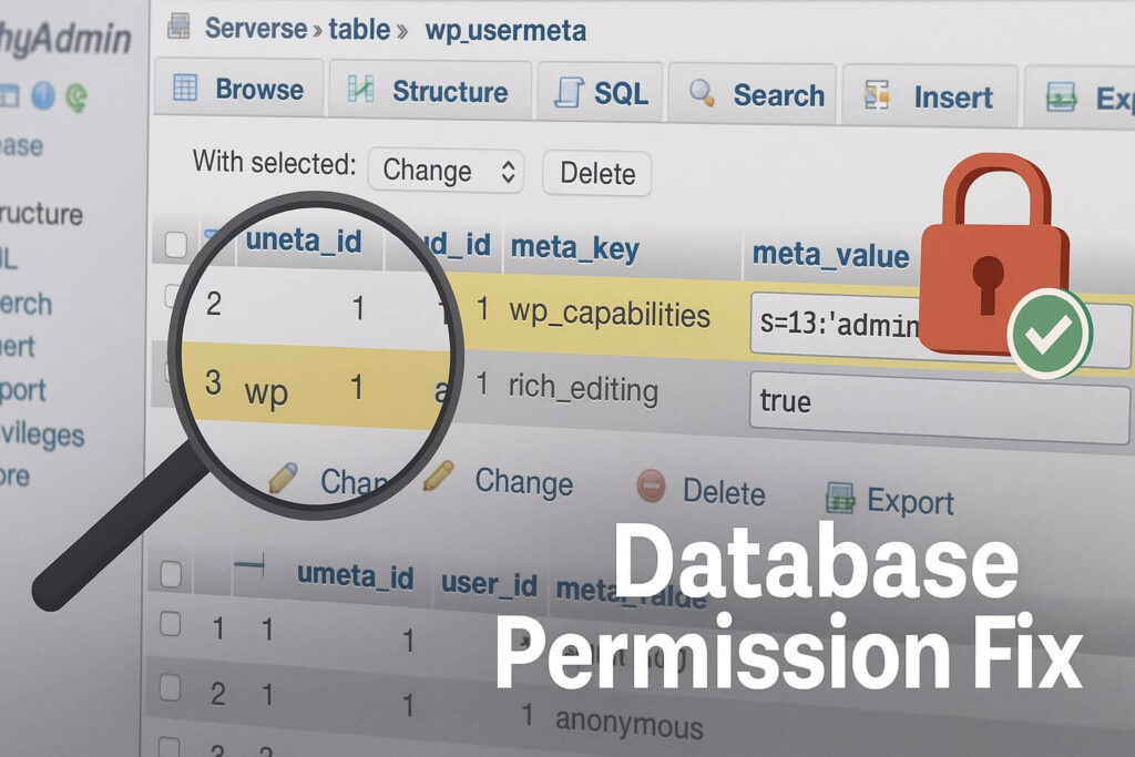 Editing phpMyAdmin wp_capabilities to fix sorry you are not allowed to access this page WordPress error.