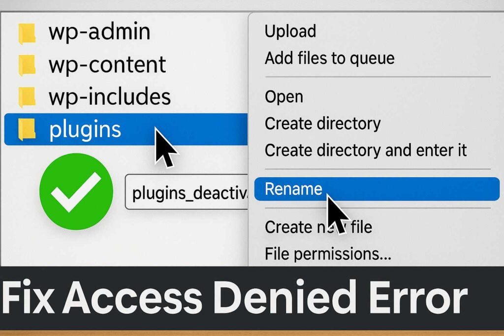 Using FTP to rename plugin folder and fix sorry you are not allowed to access this page WordPress error.