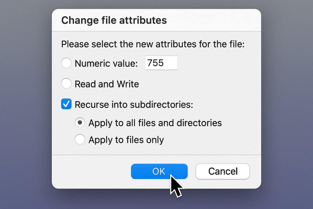 FileZilla settings window fixing failed to write file to disk permissions to 755.