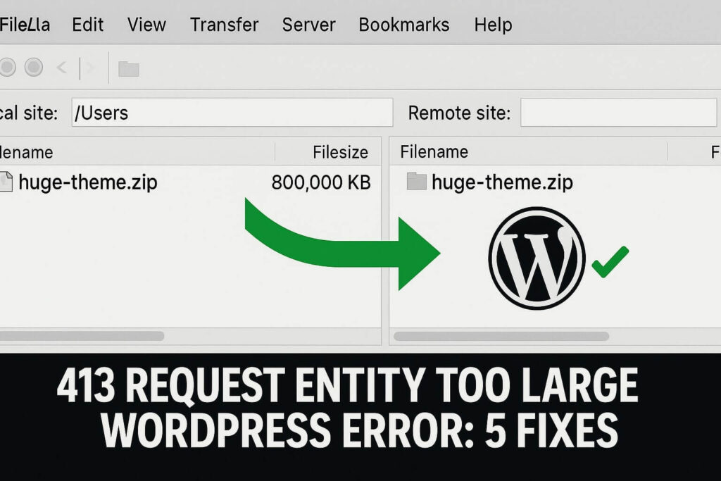 Using FileZilla to bypass the 413 request entity too large WordPress error.