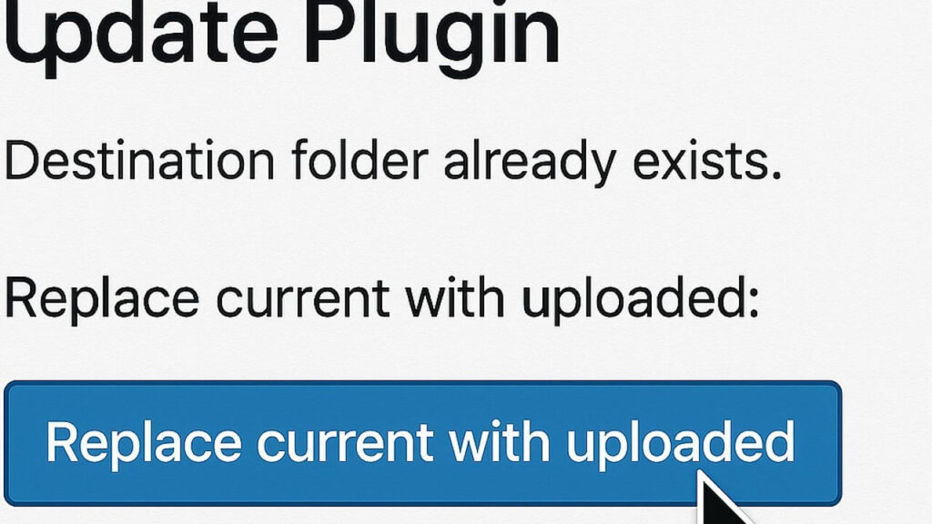 WordPress button to fix destination folder already exists by replacing the current file.