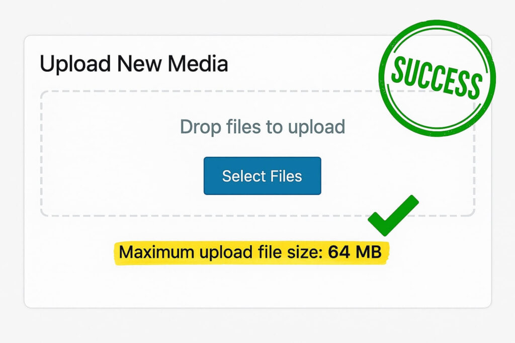 WordPress media library screen showing the new 64MB upload limit.