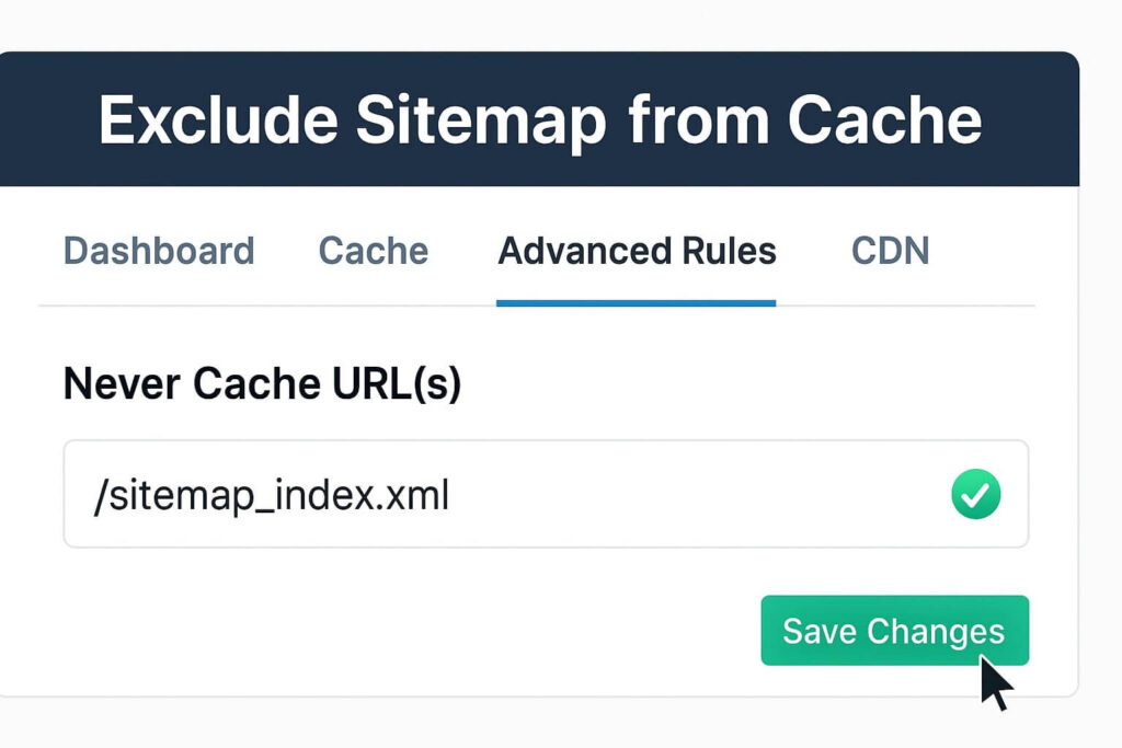 Excluding sitemap URLs in caching plugin settings to ensure the yoast sitemap 404 fix works.