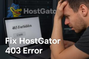 A laptop screen displaying the HostGator 403 forbidden error message.