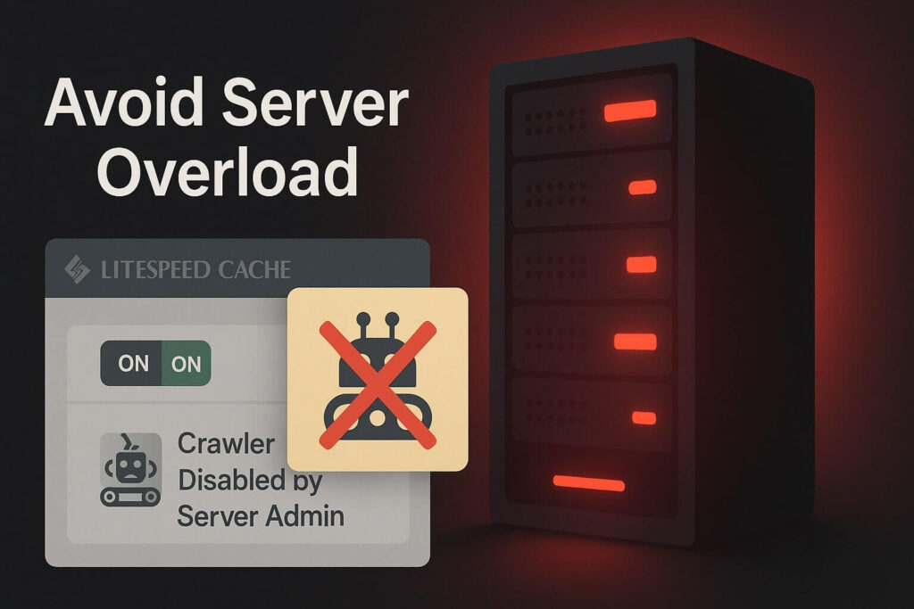 Warning message regarding crawler usage in LiteSpeed Cache settings Hostinger environments.