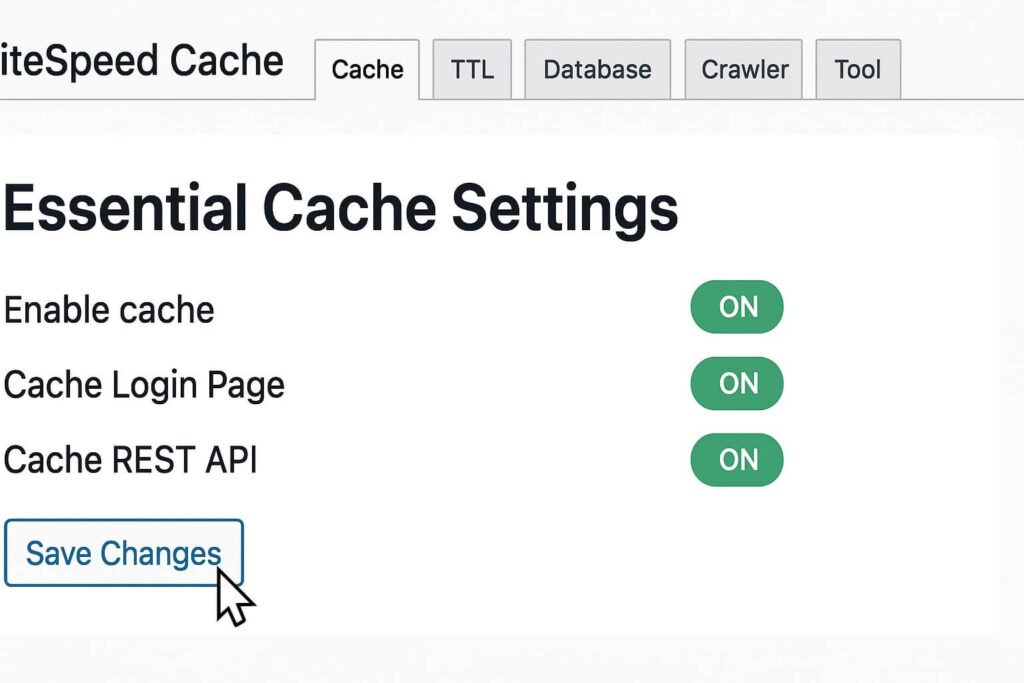 Screenshot of the Cache tab configuration for optimal LiteSpeed Cache settings Hostinger.