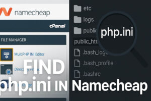 Split screen showing cPanel MultiPHP INI Editor and File Manager answering where is php.ini in Namecheap.